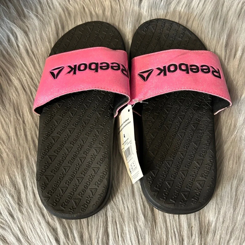 Reebok‎ Slides Girls Size 4 Pink Black Sparkly Glitter Slip On Sandals Shoes
